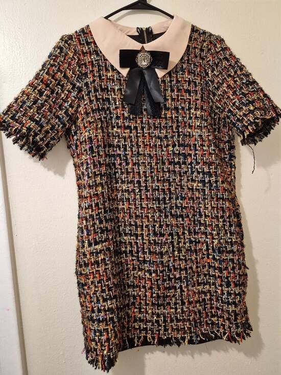 Just Me Dresses & Skirts - Just Me Tweed Short Sleeve Collared Dress with Bow Detail